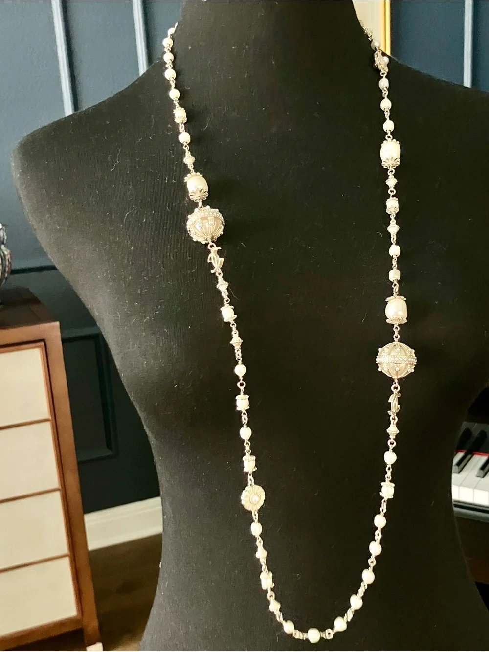 CHANEL 2021 Byzantine Gold-Tone Necklace with Pearl Stations and CC Accents